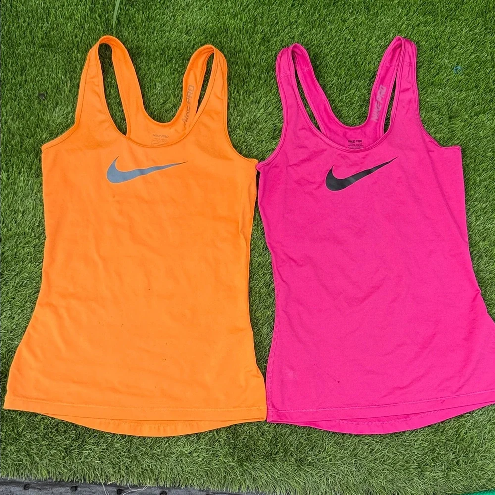 Nike Pro Dri-FIT Neon Orange Pink Training Tank Top Bundle 2pc Set XS